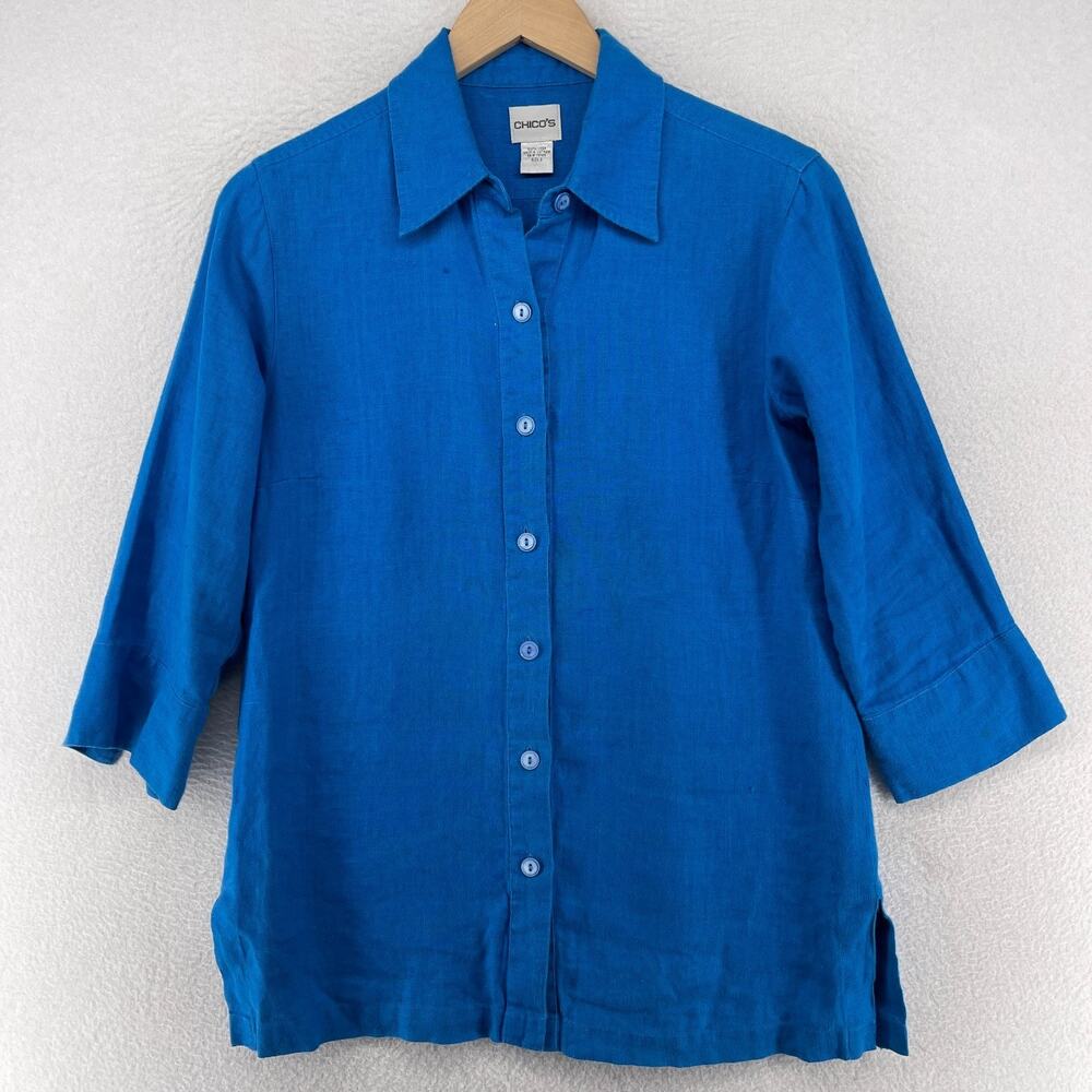 CHICOS Shirt 0 XS 100% Linen Button Front Tunic 3/4 Sleeve Woven Blue